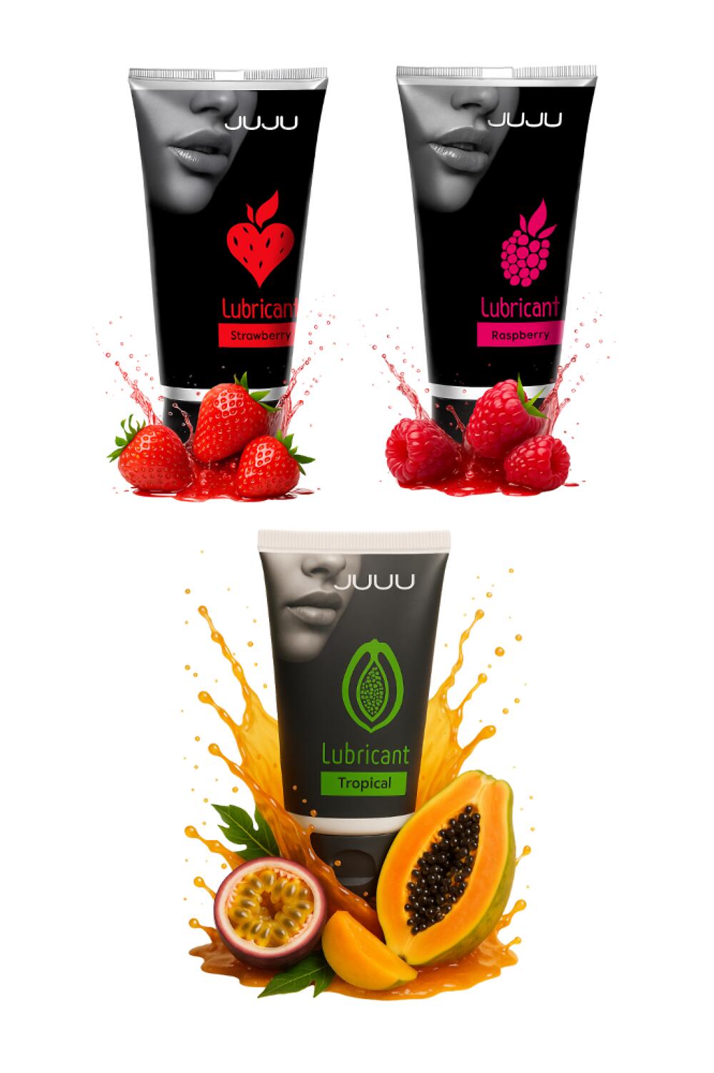Фотография Сет съедобных лубрикантов JUJU клубника, малина, тропические фрукты, 3х50ml