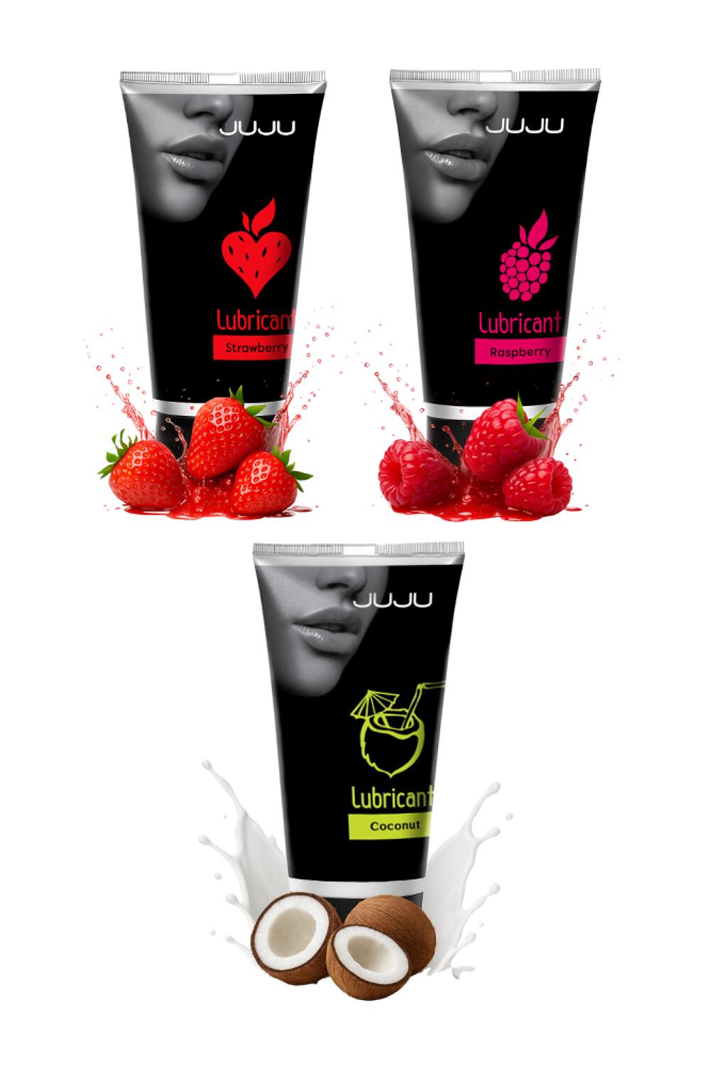 Фотография Сет съедобных лубрикантов JUJU клубника, малина, кокос, 3х50ml