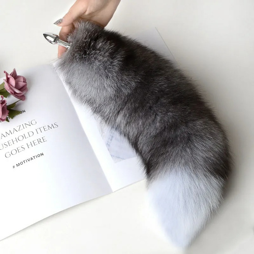 Металлическая анальная пробка с лисьим хвостом серая 40см