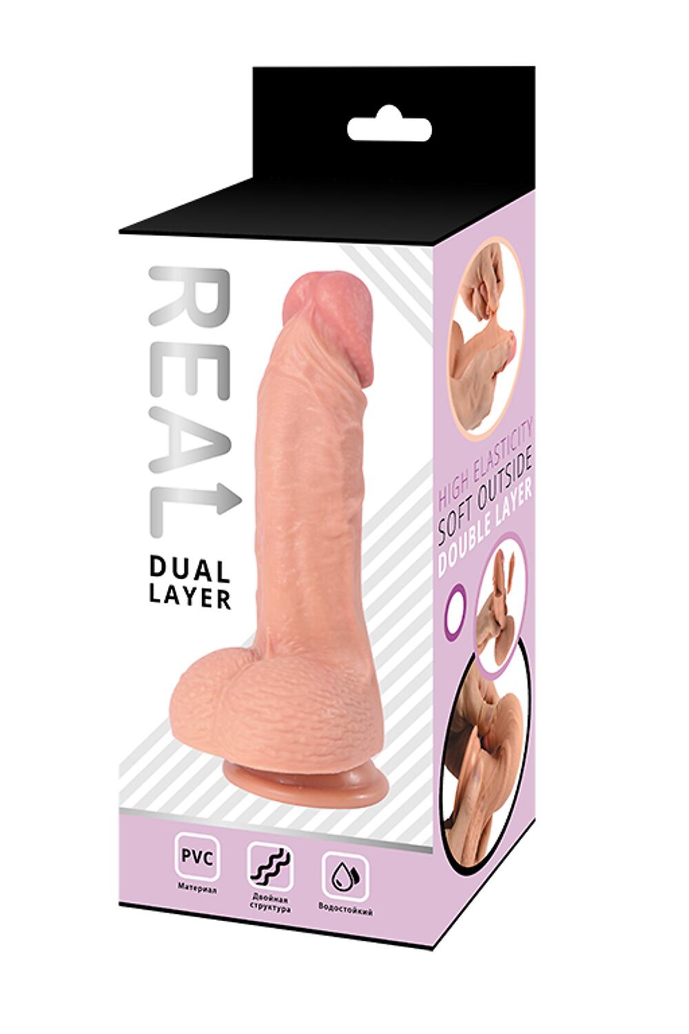 Фотография Реалистичный фаллоимитатор REAL Dual Layer с мошонкой на присоске, dual PVC, 21,5х4,6 см.