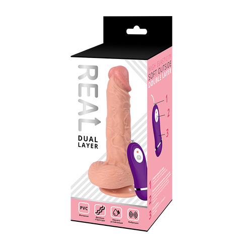 Реалистичный фаллоимитатор REAL Dual Layer с вибрацией пультом управления, dual PVC, 22х4 см