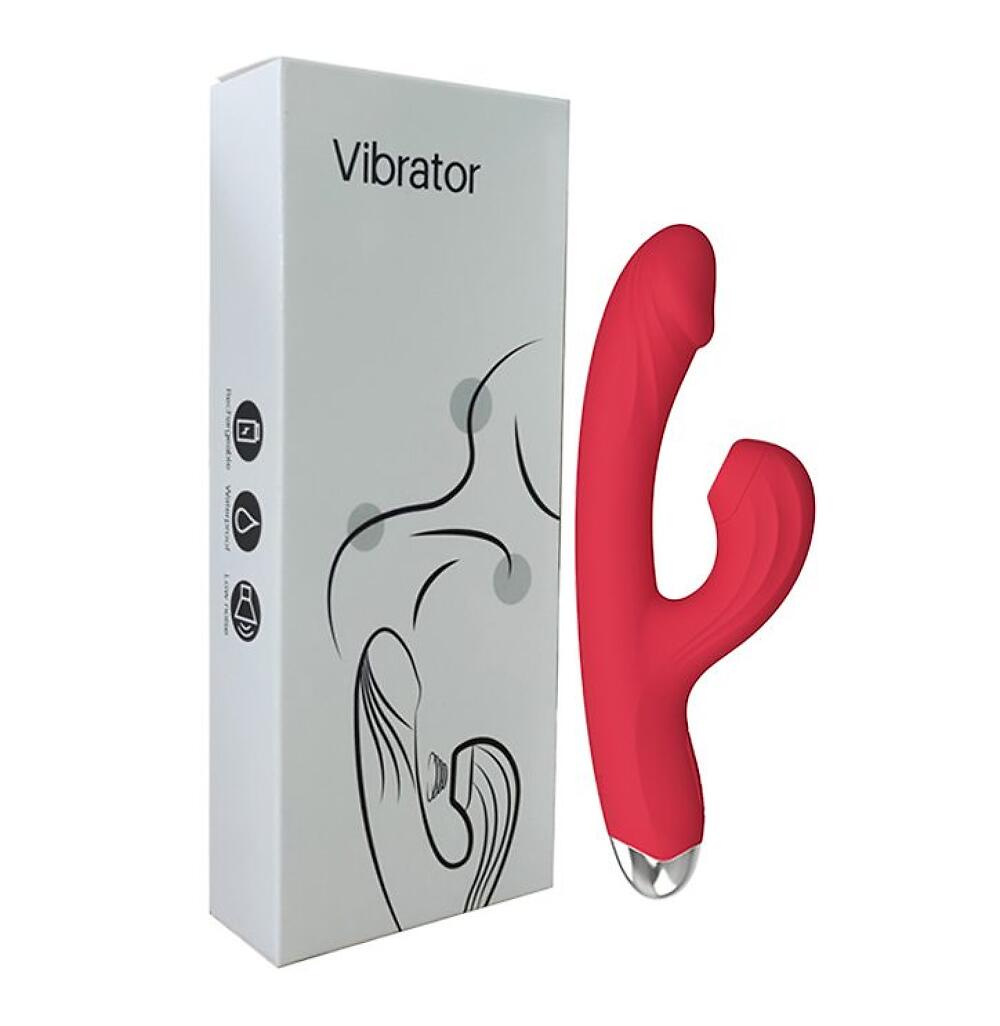 Фотография Силиконовый вибратор-кролик с вакуумным клиторальным отростком красный