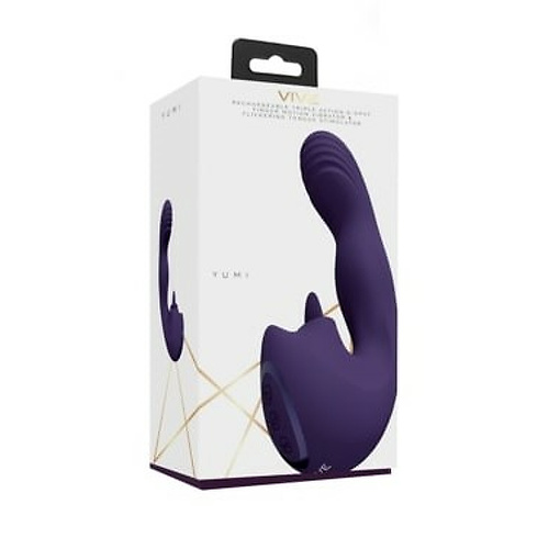 Вибромассажер Yumi с тремя моторами для точки G и мерцающим стимулятором язычка (фиолетовый)